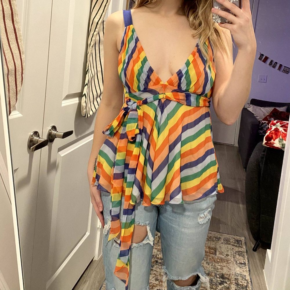 Tibi 80's Colorful Striped Cami Top 100% Silk Chiffon (8)